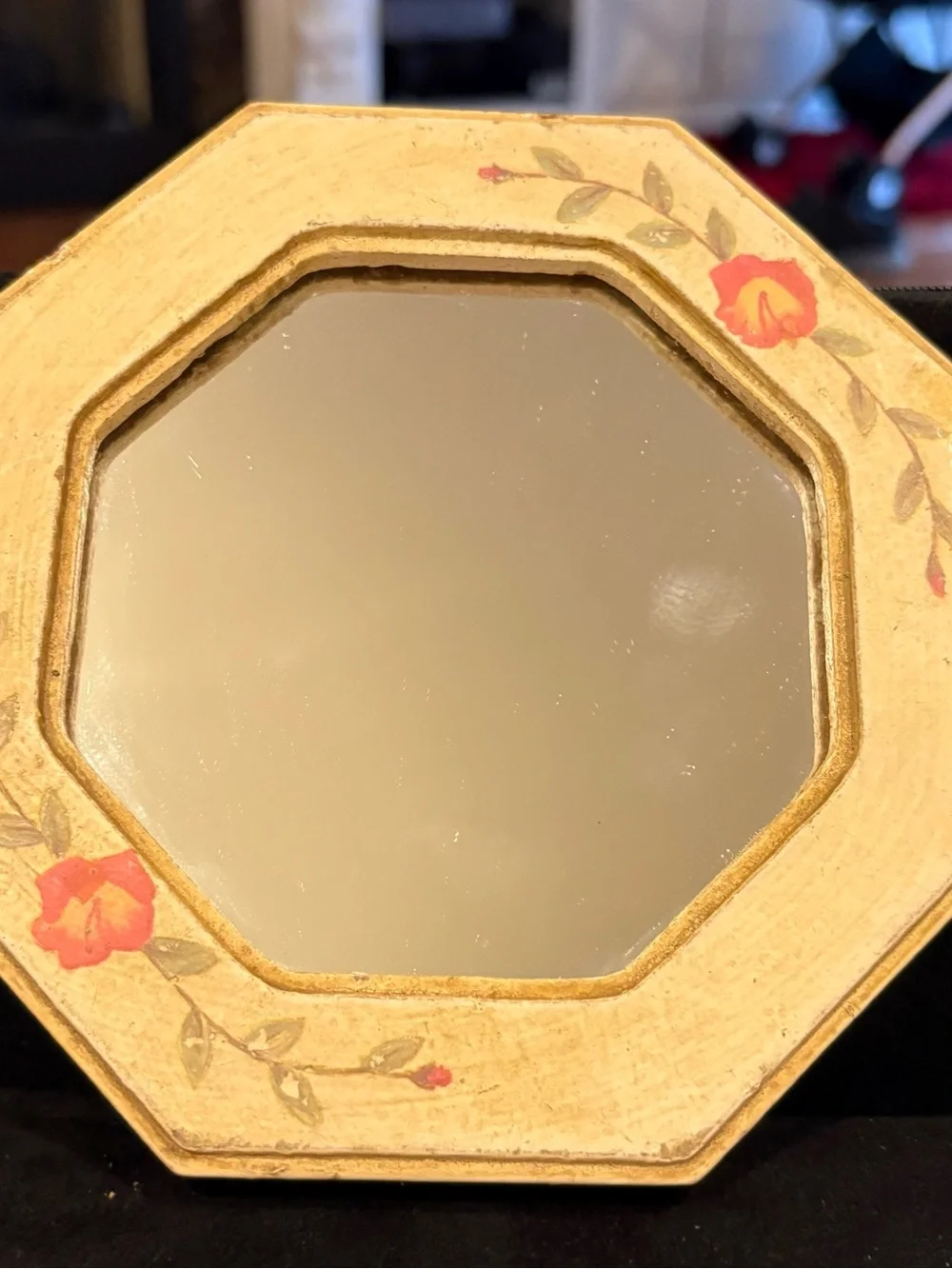 Octagonal Cream Wall Mirror with Red Floral Detail